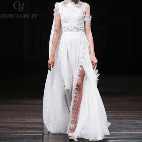 Qian Han Zi 2020 spring summer fashion long dress Womens Sleeve One Shoulder Sexy Long Sleeve Applique Lace Beach Maxi dress