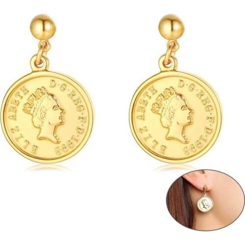 Womens Vintage Queen Elizabeth Head Portrait Earrings Gold Color Stainless Steel Coin Stud Earrings for Girl Female Lady Bijoux