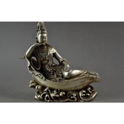 Old Miao Silver Carved Efficacy Kwan -Yin Posture Leisurely Lie On Lotus Statue