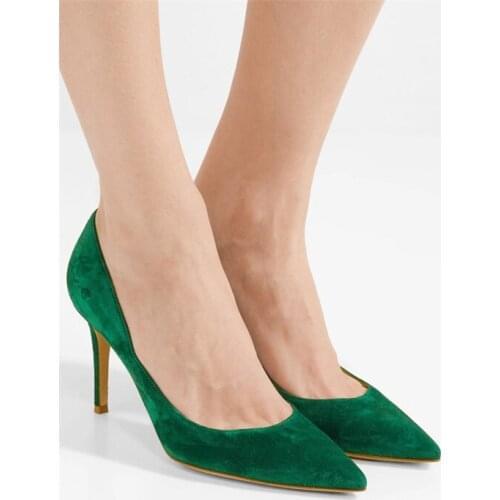 Green Suede Leather Slip On High Heel Pumps Women Thin Heels Female Stiletto OL Shoes