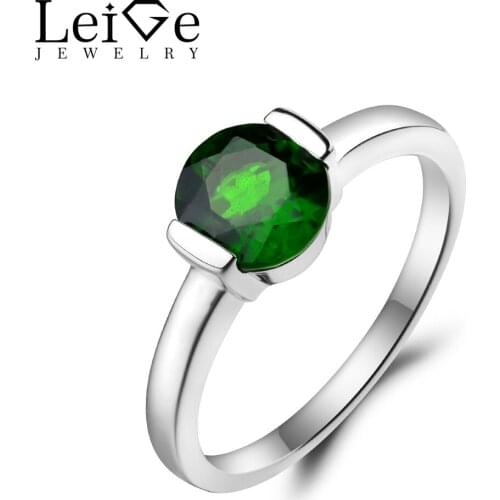 Leige Jewelry Natural Chrome Diopside Ring Engagement Ring Round Cut Green Gemstone Solid 925 Sterling Silver Solitaire Ring
