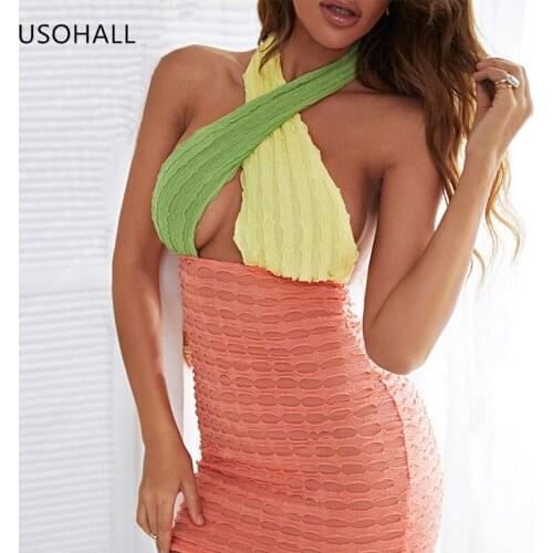 USOHALL Fashion Patchwork Summer Clubwear Women Cross Halter Backless Sleeveless Bodycon Mini Dress