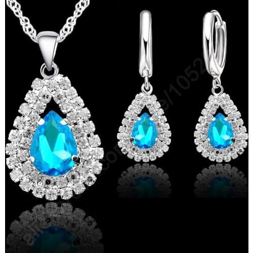 Light Blue S925 Sterling Silver Jewelry Sets Singapore Silver Chain Water Drop Necklace Hoop Earring Set Ear Lever Back