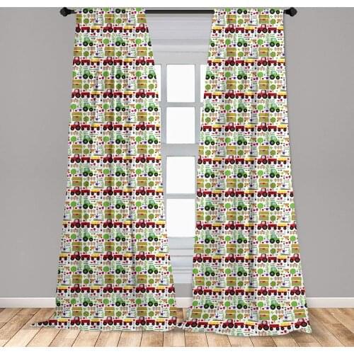Country Window Curtains Gardening Farming Agriculture Rural Theme with Fence Tractor Tree Bird Vegetable Curtain with Rod Pocket