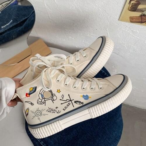 Women 2021 Fashion New Kawaii Cartoon Astronaut High Gang Canvas Sports Shoes Ins Trend Female Platform Casual Tennis Sneakers