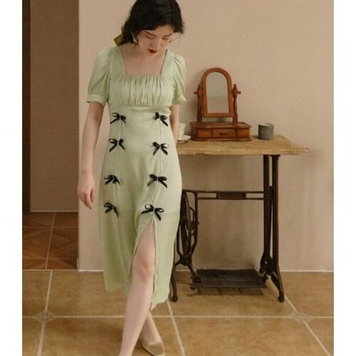 Dresses For Women 2021 Chic Retro Square Neck Dress Summer French Bowknot Rhinestone Sweet Temperament Dress