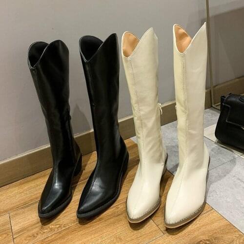 2021 New INS Women Beige High Heels Wedges Long Boots Lady Riding Cowboy Boots Autumn Designer Pointed Toe Knee-High Boots