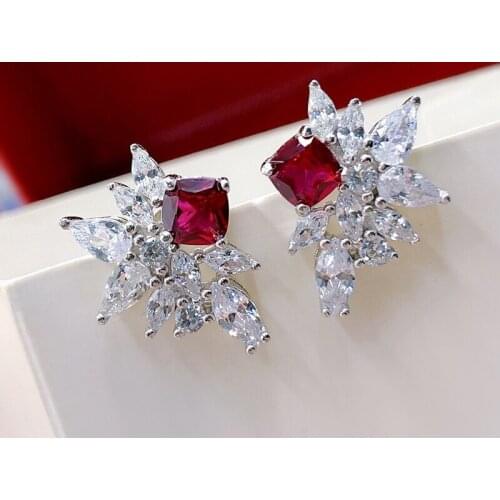 Trendy 925 Sterling Silver Flower Design Ruby Stud Earrings for Women Fine Jewelry Ruby Gemstone Earrings Anniversary Party Gift