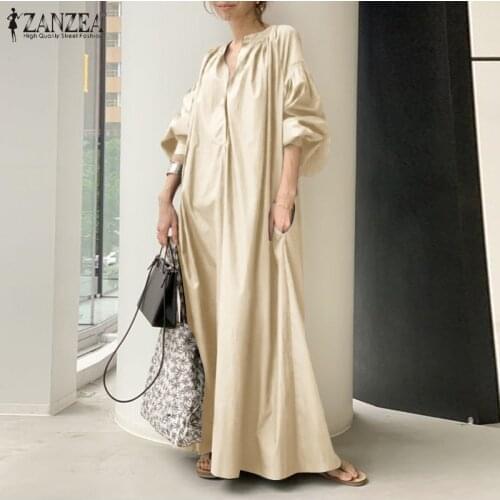 Stylish Women Sundress Autumn Lantern Sleeve Maxi Long Dress 2021 ZANZEA Spring V Neck Solid Loose Party Vestidos Plus Size 7