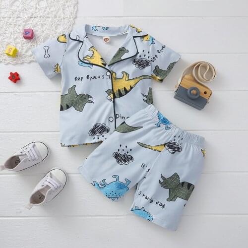 0-3Y Kids Babies Casual Two-piece Pajamas Set Dinosaur Cartoon Short Sleeve Buttons T-shirt and Shorts Outfits Sleepwear