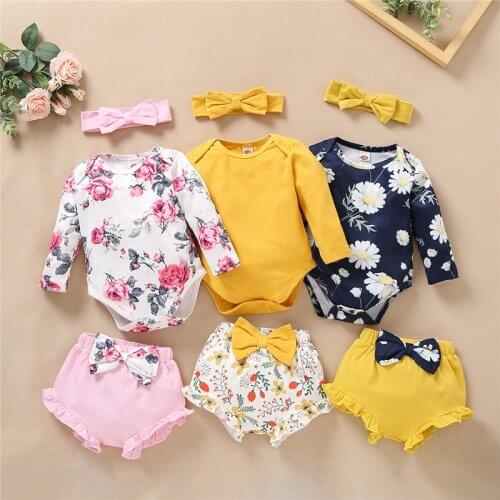 2021 Spring Summer Baby Clothes Set Bowknot Headband Long Sleeved Cotton Romper Flower PP Pant 3pcs Suit Newborn Outfit for Girl