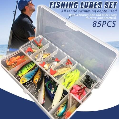 85pcs/set Fishing Lures Hooks Set Mixed Hard Lures Soft Baits Pliers Set For Saltwater Freshwater Fishing Pesca Accesorios Mar
