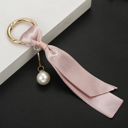 Fashion Pearl Satin Keychain Bag Detachable Pendant Korean Style Ribbon Handmade DIY Jewelry Accessories Women Golden key Rings