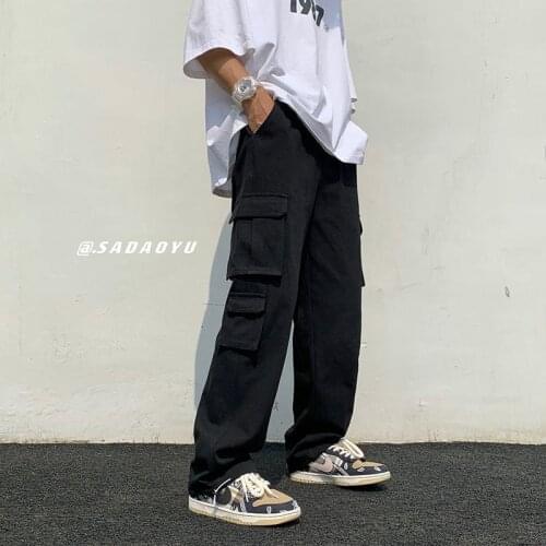White Black Cotton Cargo Pants Men Fashion Multi-pocket Casual Pants Men Streetwear Loose Hip-hop Straight Pants Mens Trousers