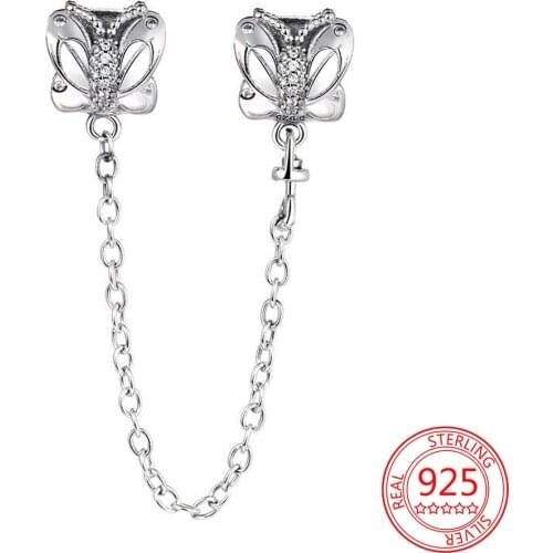 Original 925 Sterling Silver Pavé Beaded Butterfly Thread Safety Chain Charm Fit Pandora Bracelets Christmas Gift