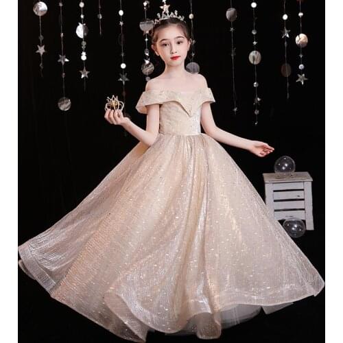 Long Lace Bead Sequin Formal Flower Girl Dresses Children Clothing Princess Party Kids Wedding Costume First Communion Gown