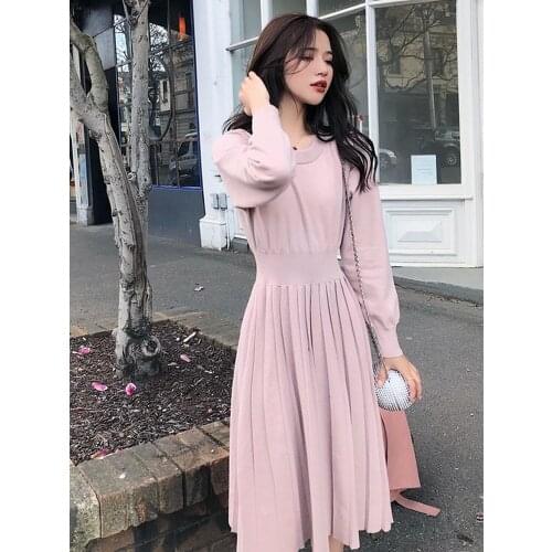 Elegant Fashion Knitting Cotton Dress Women Slim Lantern Sleeve Draped Pleated Dress Female Autumn Winter One Piece Clothes