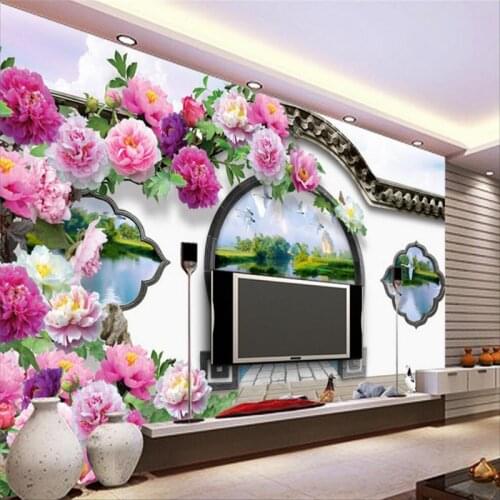 Beibehang Custom Photo Wallpaper 3d 3d Chinese Garden Round Door Peony TV Backdrop papel de parede 3d para sala