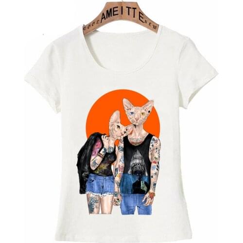 AMEITTE Harajuku New Summer Fashion Women T-shirt The Sphynx Cat Lover Tattoo Print T-Shirt Hip Hop Casual Top Cute Girl Tees
