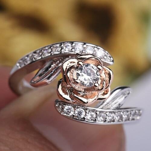 Exquisite Silver Plated Rose Flower White CZ Zircon Party Ring for Women Wedding Band Engagement Ring Party Jewelry Xmas Gifts