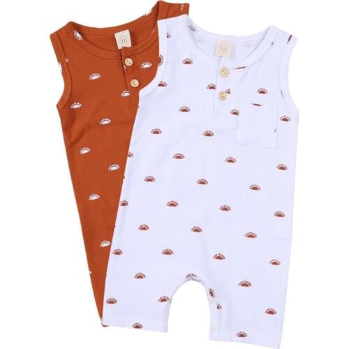 Newborn Sleeveless Romper, Baby Girls Boys Sun Print Round Neck Button Romper with Pocket (Brown, White)