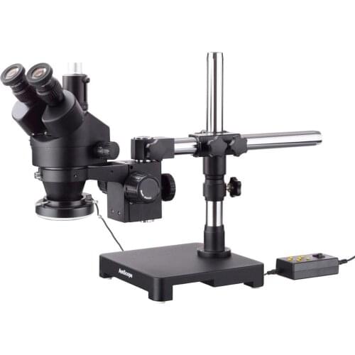 AmScope 7X-45X Black Trinocular Stereo Zoom Microscope on Single Arm Boom Stand + 144 Direction Adjustable LED Ring Light