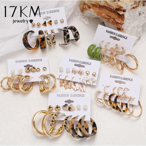 17KM Fashion Leopard Acrylic Hoop Earrings Set For Women Geometirc Gold Metal Hoop Earrings Brincos 2021 Trend Jewelry Party