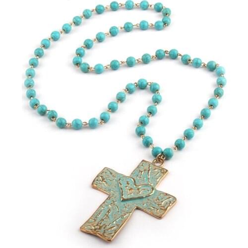 Fashion Blue Natural Semi Precious Stones with cross,moon,cactus charms Pendant Handmade Necklace Women Jewelry