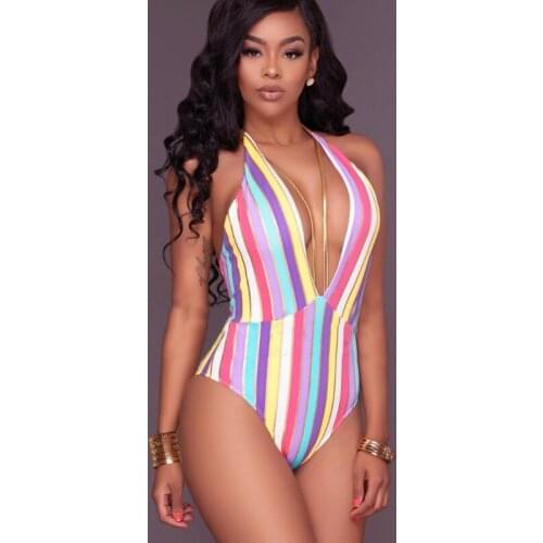 2021 New One-Piece Swimwear Women Stripe Bathing Suit Bandage Push Up Beachwear Female Halter Swimsuit Sexy Triangle Bikini