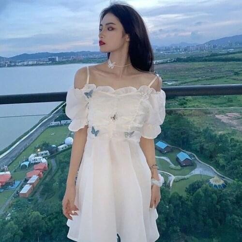 2021The NewWhite Fairy Strap Dress Women Patchwork Off Shoulder Sexy Party Mini Dresses Bow Ruffle Sweet Cute Princess Sundress