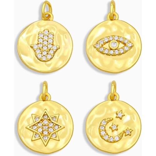 OCESRIO Brass CZ Hamsa Hand of Fatima Pendants for Jewelry Women Polished Small Coin Evil Eye Charms for Necklace Making pdta275