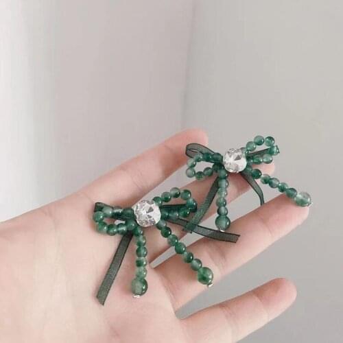Origin Summer Vintage Green Bowknot Dangle Earring for Women Girls Rhinestone Beaded Hollow Out Party Earring Jewelry Pendientes