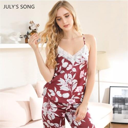 JULYS SONG Women Sexy Pajamas Set Sling Trousers 2PCS Faux Silk Lace Floral Print Summer Sleepwear Halter Satin Homewear