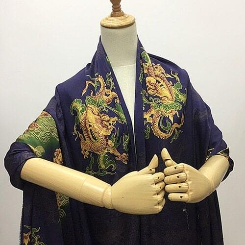 Heavier stretch silk satin fabric dragon print on navy blue background China style,SSC429