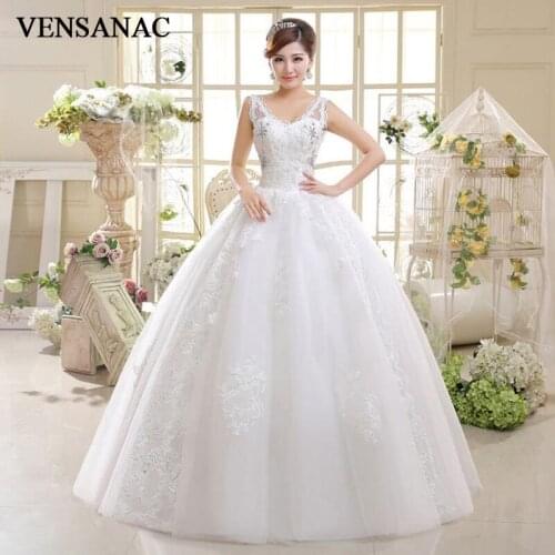 VENSANAC 2018 Elegant Crystal V Neck Sequined Ball Gown Wedding Dresses Lace Appliques Backless Tulle Bridal Gowns