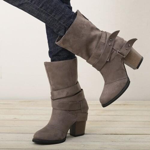 Autumn Casual Mid Calf Women Motocycle Boot Buckle Strap High Heel Shoes For Woman Winter Chunky Heels s Boots