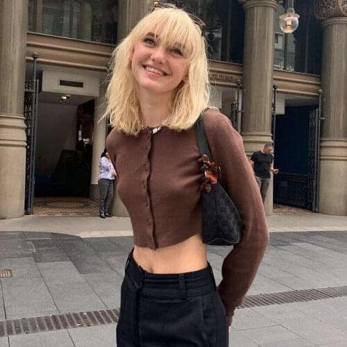 2021 Fashion Women Casual Crop Top Adults Solid Color Long Sleeve Round Neck Button Down Cardigan Spring Fitting T-shirts Tees