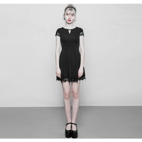 PUNKRAVE Womens Goth Lace Stitching V-collar Dress Wing Type Dark Pattern Daily Casual Mini Dress