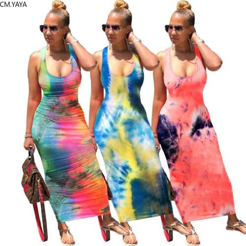 2020 Women Summer Tie Dye Galaxy Print Cross Open Back Sexy Sleeveless Tank Maxi Dress Beach Casual Slim Pencil Long Dresses