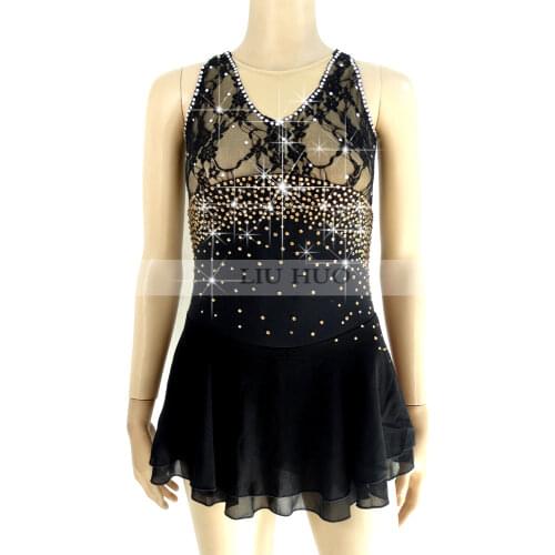 Figure Skating Dress Womens Girls' Ice Skating Dress Black Lace fabric Sleeveless style Artificial decorative water drill