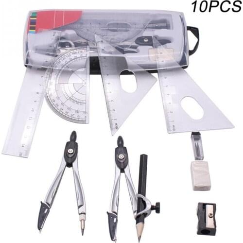 10pcs set Plastic+metal Geometry Protractor Drawing School Eraser Compasses Set Math Eraser Ruler For Students high quality