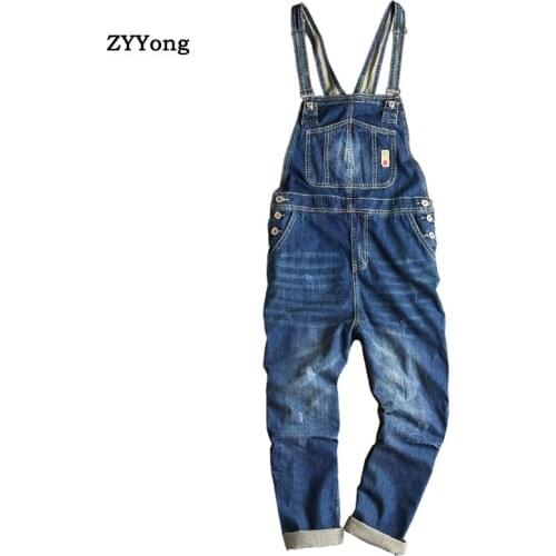American Retro Blue Overalls Men Denim Jumpsuit Jeans Bib Hip Hop Big Pocket Korean Cargo Pants Casual Trousers Clothing