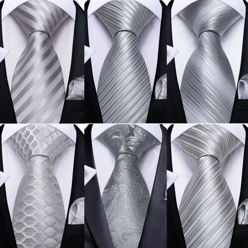 DiBanGu Mens Ties Silver Striped Silk Wedding Tie For Men Hanky Cufflinks Tie Set Fashion Designer Bussiness Party Dropshipping
