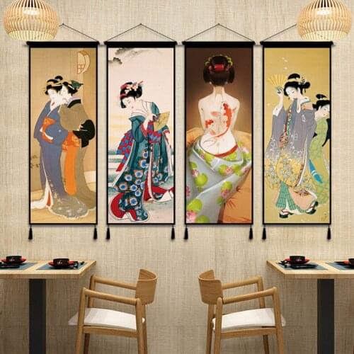 Japanese Ukiyoe Maid Picture for Wall Art Canvas Posters and Prints Decoration Painting Solid Wood Hanging Scroll Home Decor
