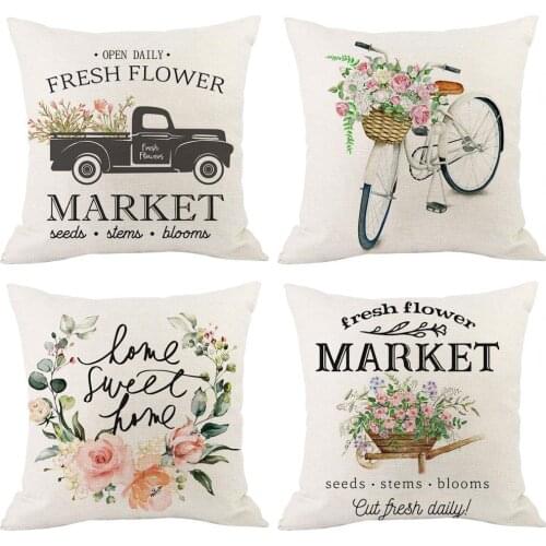 Creative Romantic Pillow Case Soft Sweat Absorption One-side Printed Bicycle Flower Trunk Waist Throw Pillowslip for Home Sofa