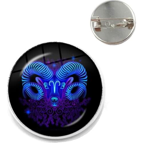 Fashion Galaxy 12 Constellation Design Brooch Zodiac Sign Horoscope Astrology Collar Pins For Women Men Glass Cabochon Jewelry