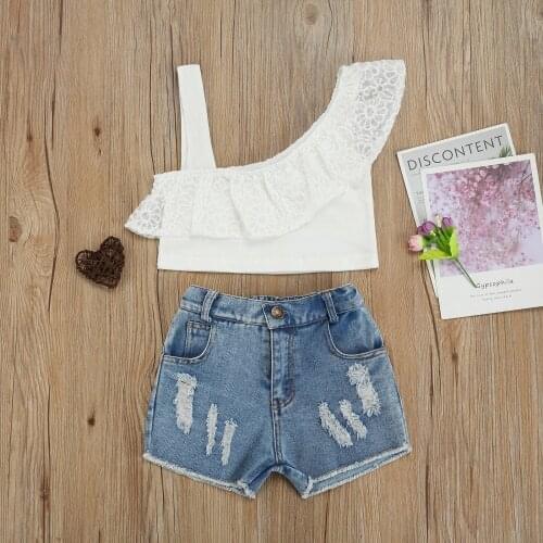 Toddler Baby Girls Solid Fashion Clothes Set Sleeveless Off Shoulder Lace Cropped Tops + Irregular Hem Ripped Short Jeans