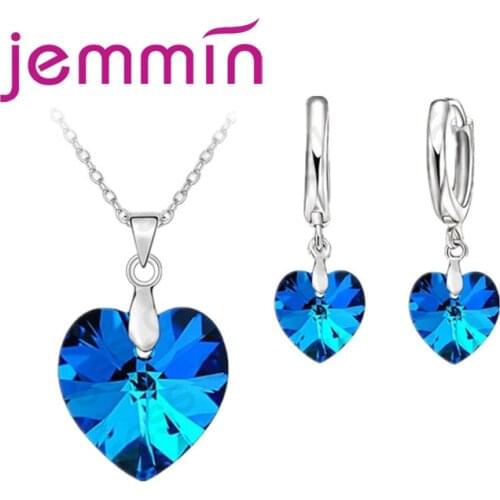 One Set Austrian Crystal 925 Sterling Silver Jewelry Heart Pendant Necklaces Lever Back Earrings Woman Accessories Gift