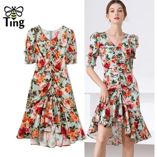 Tingfly Women Elegant Floral Faux Pearl Button Decor Party Night Mermaid Dress Lady Fashion Summer Ruffles Hem Vestidos Zaful