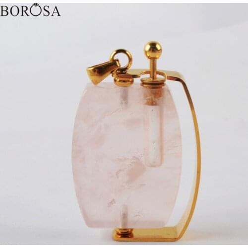 BOROSA Rose Quartzs Pendant Jewelry Natural Stones Perfume Bottle Pendant Women Rotatable Essential Oil Disffuser in Gold WX1302